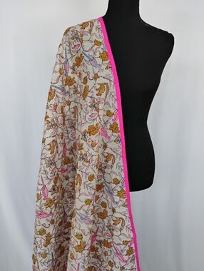 Floral Cream Wrap Scarf with Bright Pink Trim